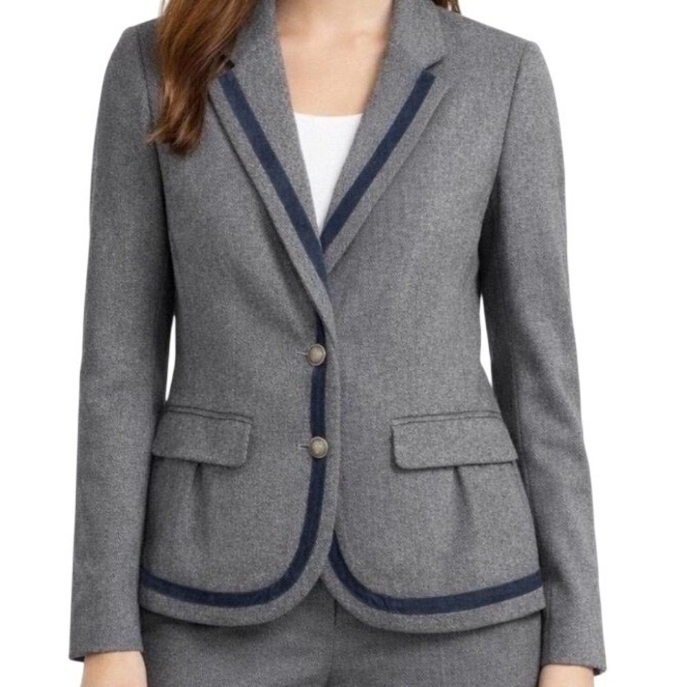 Ann Taylor LOFT Blazer Women 8 Pre-Owned Gray Wool Blend VelvetTrim Crest Button